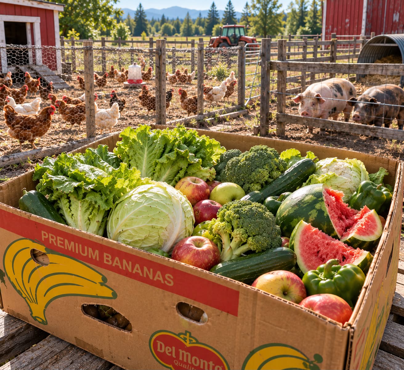 A box of farm produce in front of chickens and pigs on a Fraser Valley farm