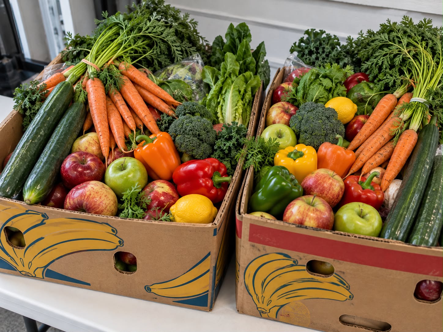Boxes of fresh carrots, apples, peppers, cucumbers and greens
