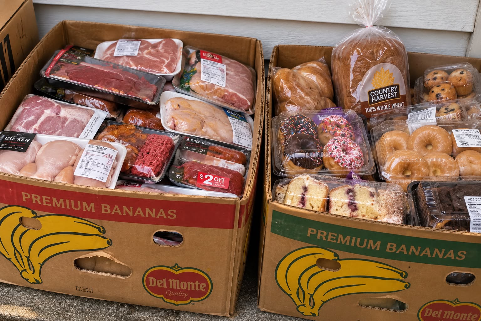 Boxes filled with meat, bread and baked goods