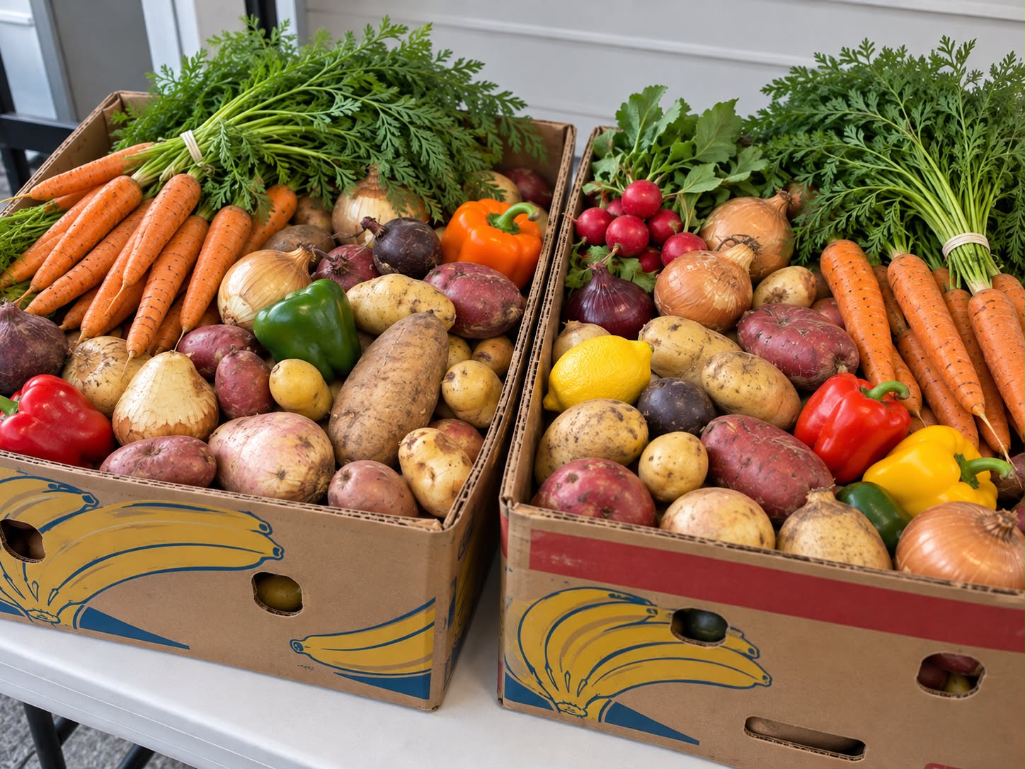 Boxes of potatoes, onions, carrots and peppers