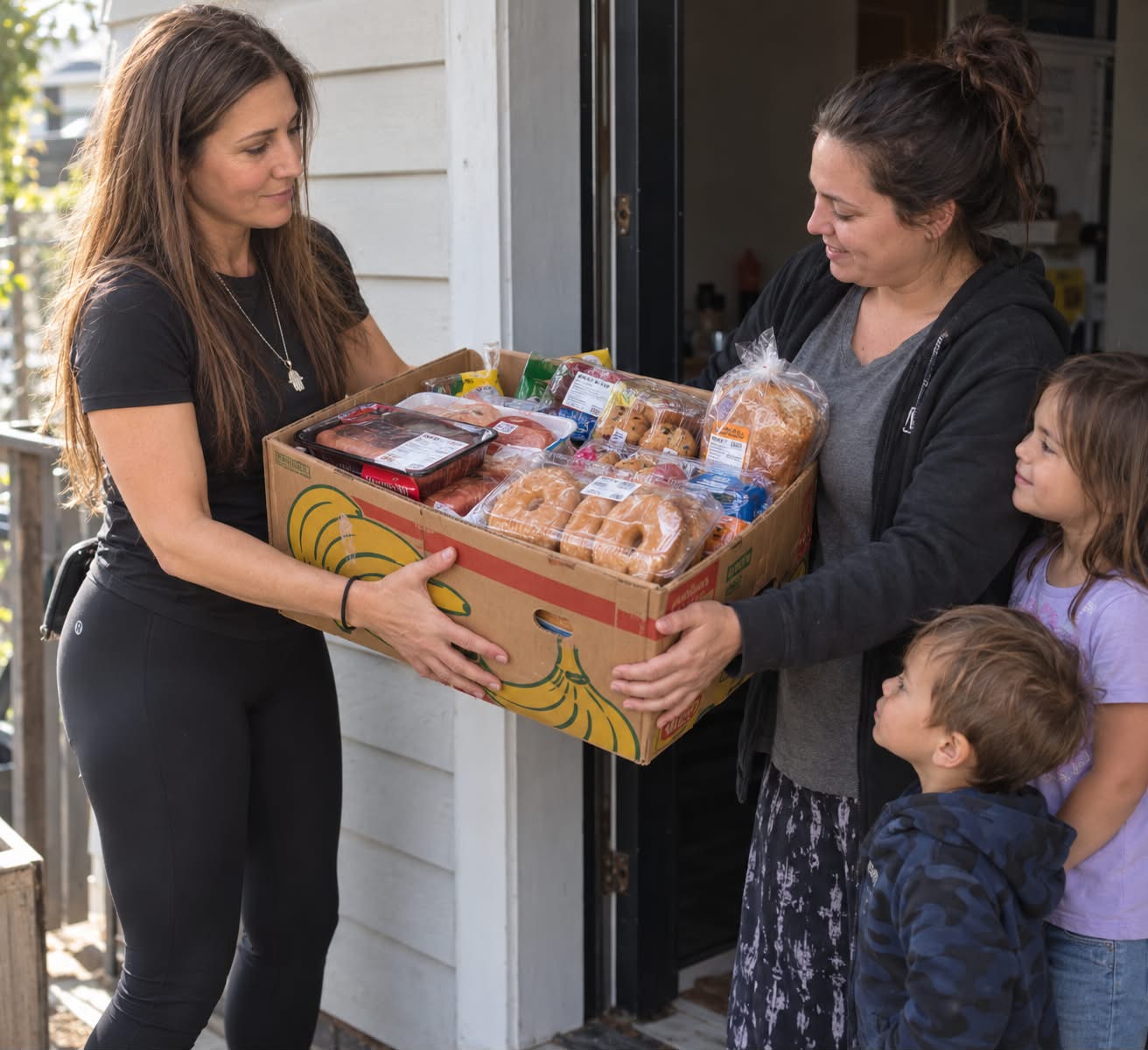 Kudos volunteer handing a box of groceries to a mother and her two children at their front door