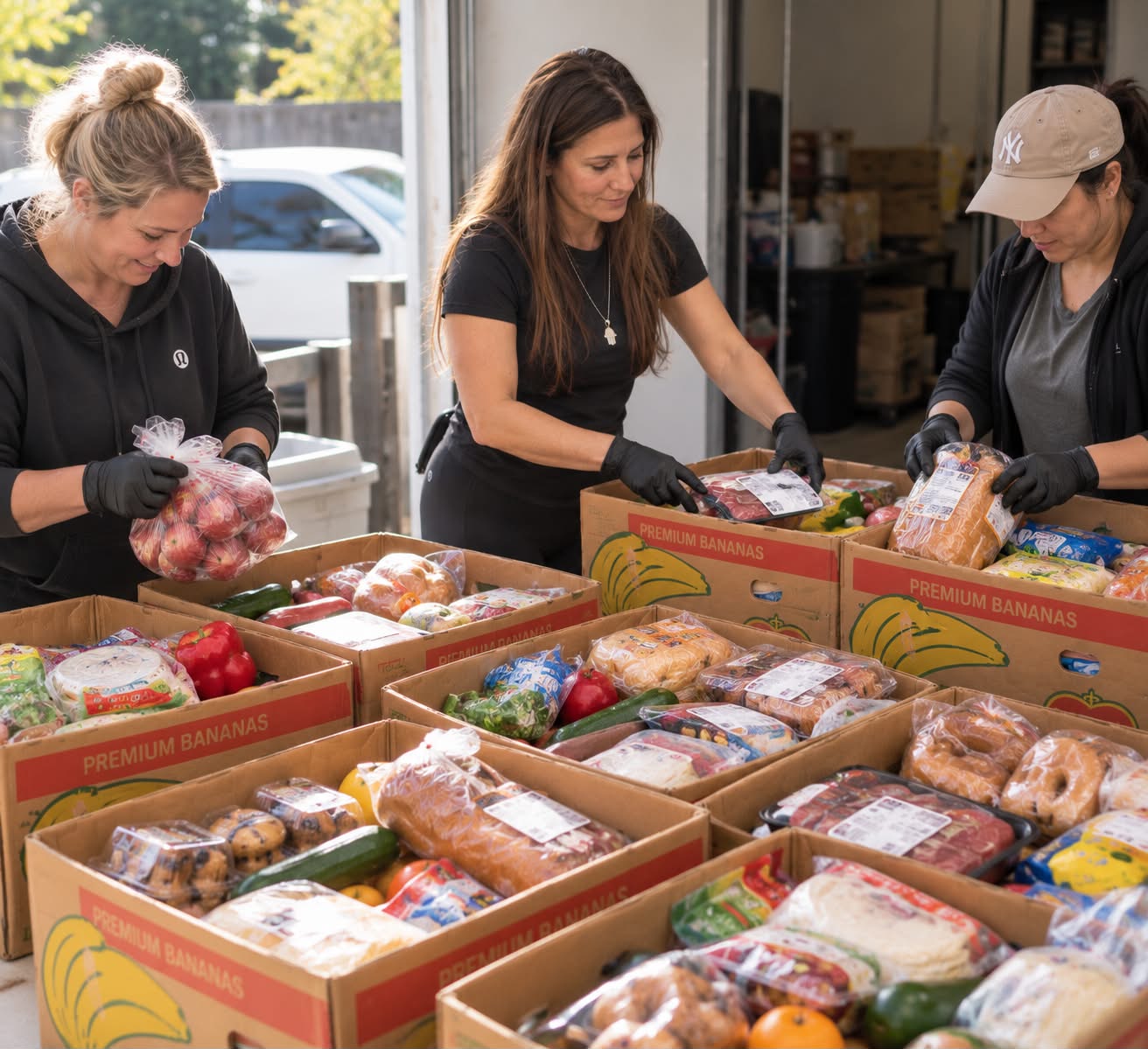 Kudos volunteers packing boxes of groceries